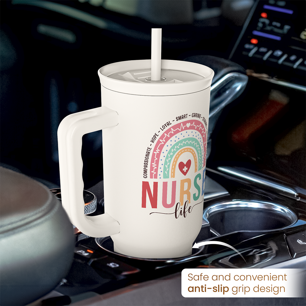 Nurse Tumbler with Handle 40oz, Stainless Steel Tumblers Coffee Travel Mug Cups with Straw, Nurse Appreciation Gifts for Women Female Nurses, Nursing Gift for Birthday Christmas Nurse Week