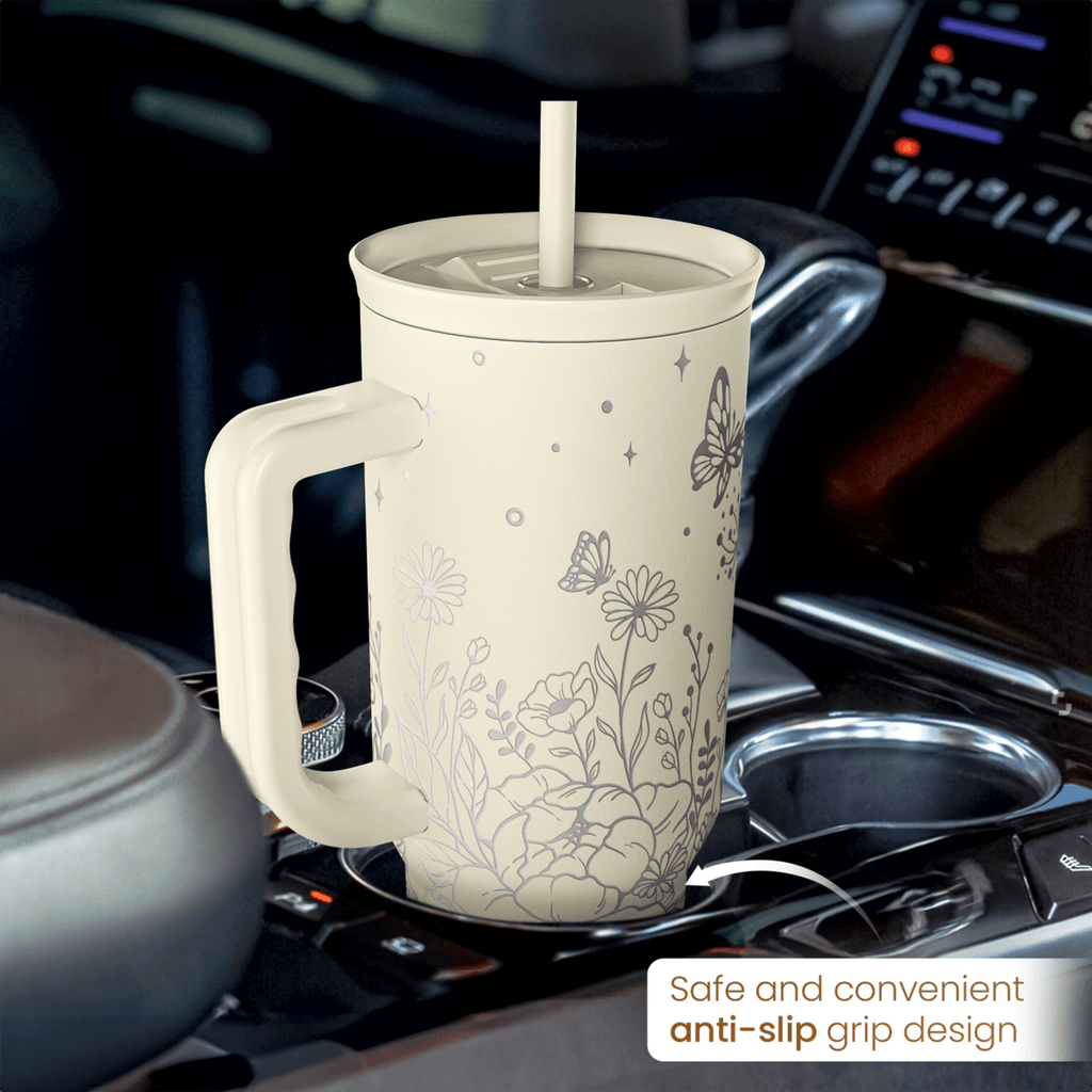 Floral Tumbler with Handle 40oz, Stainless Steel Insulated Tumblers Coffee Travel Mug Cup with Straw, Flower Coffee Cup Gifts for Women Girls, Gift for Her on Christmas Birthday Mothers Day