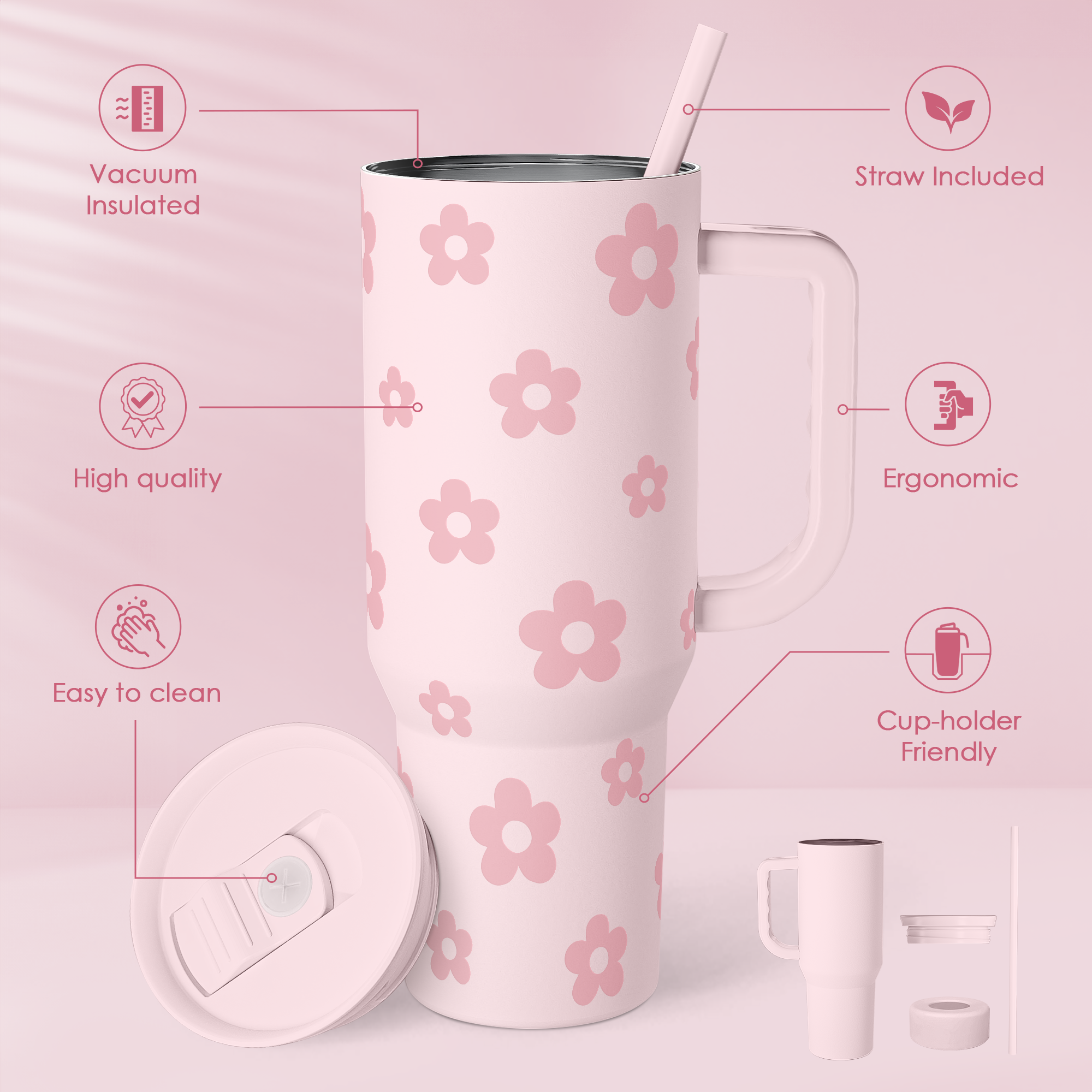 Floral Tumbler with Handle and Straw 40oz Stainless Sleel Slider Tumbler Travel Coffee Mug for Women - Gift Idea for Birthday Christmas