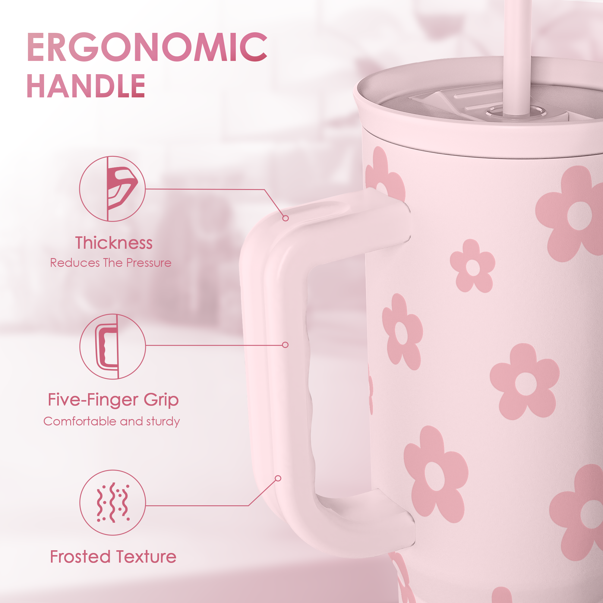 Floral Tumbler with Handle and Straw 40oz Stainless Sleel Slider Tumbler Travel Coffee Mug for Women - Gift Idea for Birthday Christmas