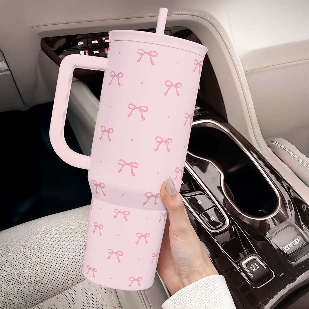 Gift for Women Girls - Coquette Bow Stainless Steel Tumbler with Handle, Travel Coffee Mug - Gifts for Birthday Christmas, 40oz