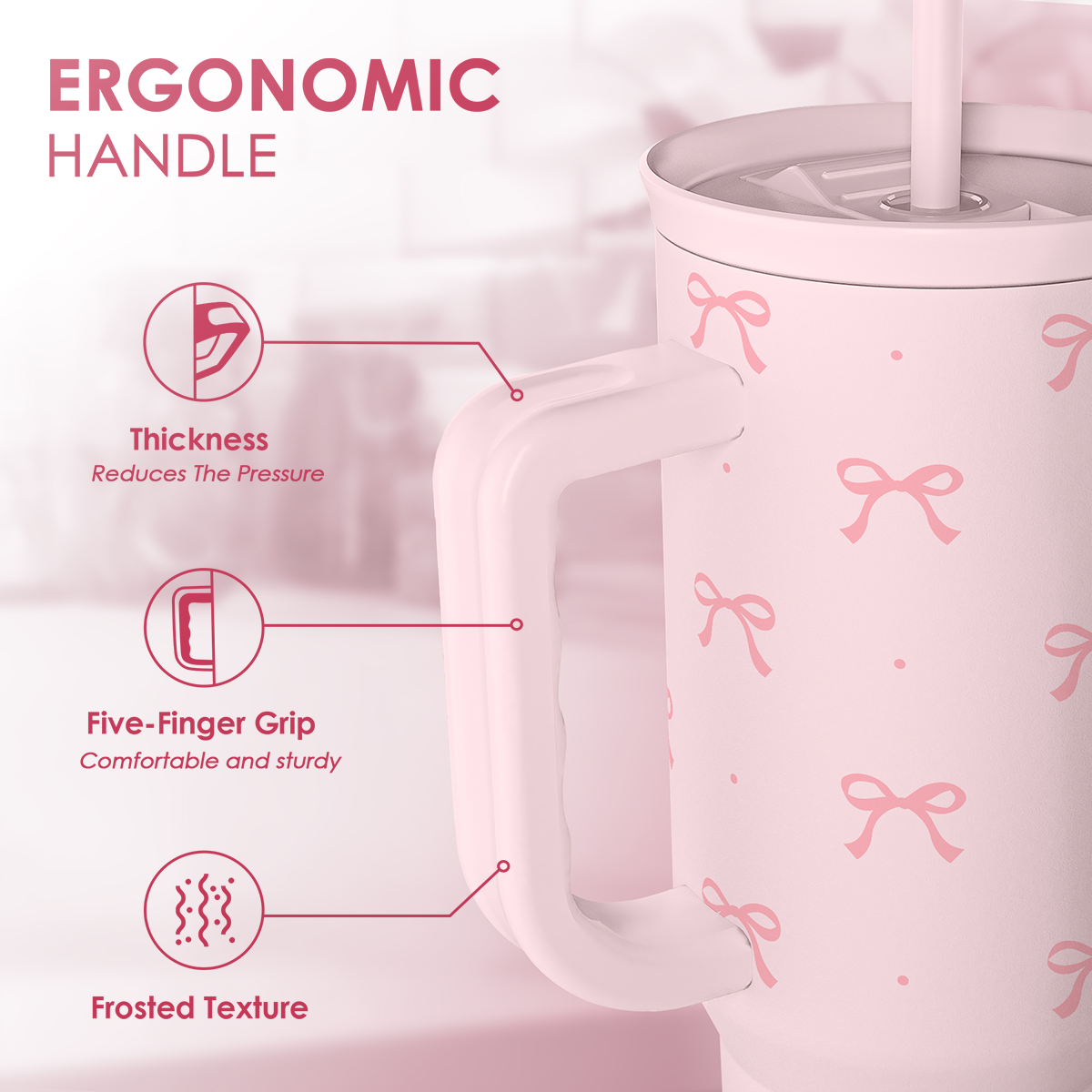 Gift for Women Girls - Coquette Bow Stainless Steel Tumbler with Handle, Travel Coffee Mug - Gifts for Birthday Christmas, 40oz